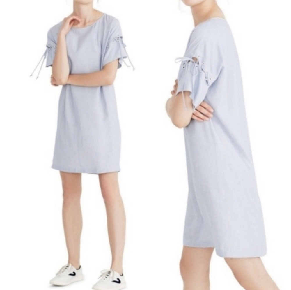 Madewell striped blue white shift mini dress pull on laced short sleeve sz small